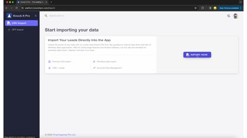 Screen recording: uploading a CSV on platform.knockitpro.com, matching the columns, and importing the leads